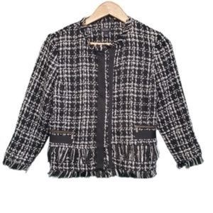 Halogen Tweed Fringe Blazer With Pockets Small Plaid